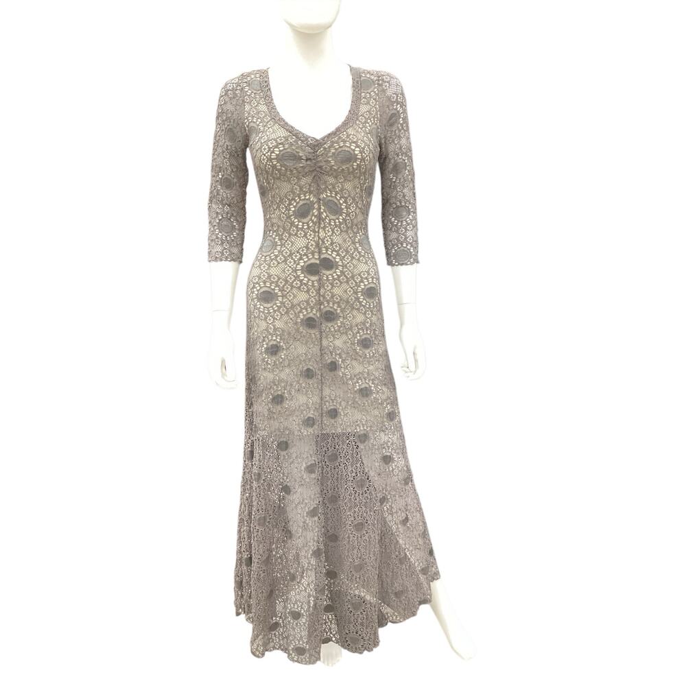 Elana Kattan Dress Women’s Size S Long V-Neck Crocheted Lined 3/4 Sleeve Gray
